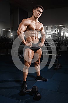 Portrait of a handsome muscular bodybuilder posing in gym