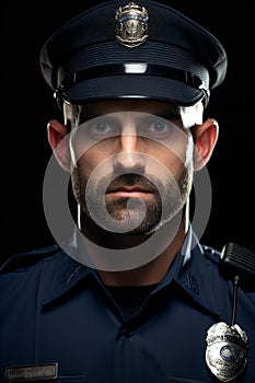 Portrait of a handsome police officer on black background,  Studio shot