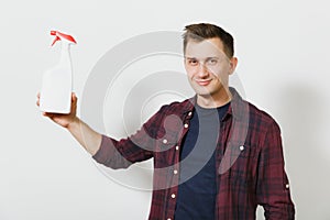 Portrait of handsome serious caucasian young man isolated on white background. Copy space for advertisement. With place for text.