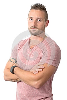 Portrait of handsome serious young man, on white