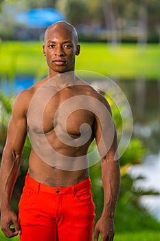 Portrait of a handsome shirtless fitness model posing in the park