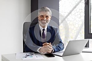 Portrait Of Handsome Smiling Middle Aged Businessman Sitting At Workplace In Office