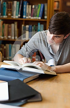 Portrait of a handsome student writing an essay