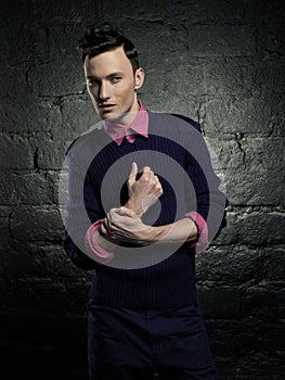 Portrait of a handsome stylish man posing in photostudio