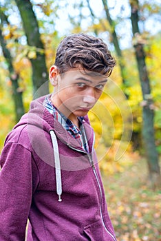 Portrait of a handsome teenage boy in an autumn forest