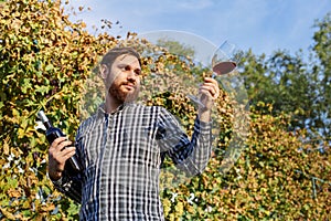 Portrait of handsome wine maker holding in his hand bottle and a glass of red wine and tasting it, checking wine quality while