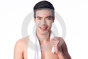 Portrait of Handsome young asian man isolated on white background. Concept of men`s health and beauty, self-care, body and skin