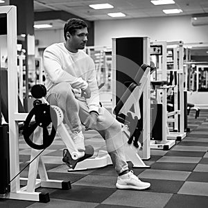 Portrait of handsome young muscular caucasian man posing in gym, Confident fitness trainer in modern sport club interior