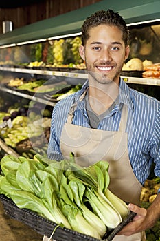 Portrait of handsome young sales clerk with bok choy in market