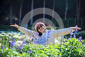 Portrait of happiness asian woman with smiling face in blooming