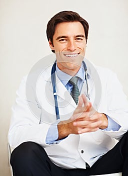 Portrait, happiness and relax man, doctor or surgeon smile for medical support, wellness services or career experience