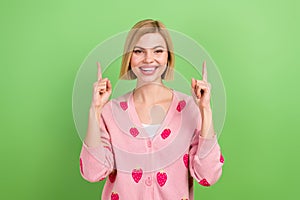 Portrait of happiness young lady blonde hair indicate fingers up above head useful tips increase profit  on