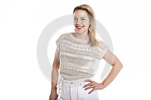 Portrait of happy 40 woman over white background