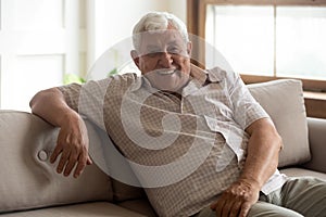 Portrait of happy 80s retired man, sitting on couch at home.