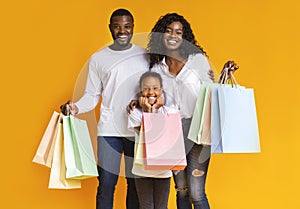 Portrait of happy african american family holding shopping bags