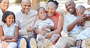 Portrait happy african american family of seven spending quality time together in the park during summer. Grandparents