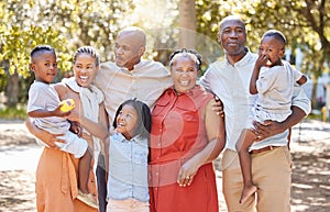 Portrait happy african american family of seven spending quality time together in the park during summer. Grandparents