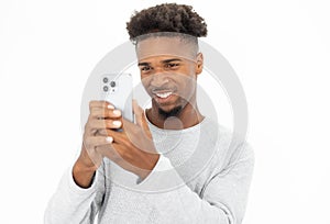 Portrait of happy African American man watching video on phone