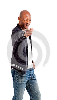 Portrait of happy African man pointing at camera winking