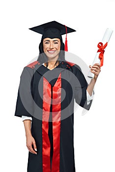 Portrait of happy alumni of university on white background.
