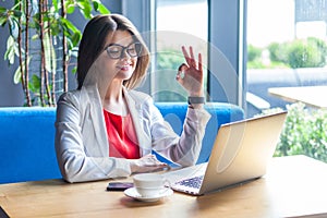 Portrait of happy beautiful stylish brunette young woman in glasses sitting, looking at laptop screen with Ok sign on video call
