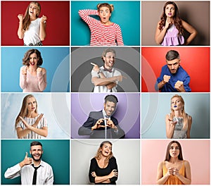 Portrait of happy beautiful young woman on color background