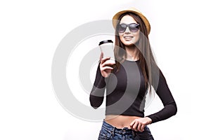 Portrait of happy beauty girl in sunglasses drink tea or coffee from paper cup