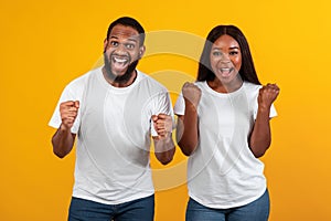 Portrait of happy black couple celebrating win with raised fists