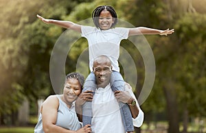 Portrait of a happy black family in nature to relax bonding in freedom, wellness and peace together in a park. Mother