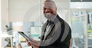 Portrait of happy black man in office with tablet, email or social media for business, schedule or agenda. Smile