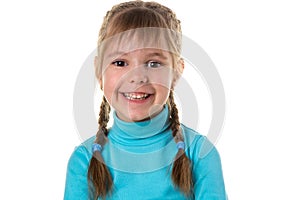 Portrait of happy blond girl with braids smiling looking at camera. White background.