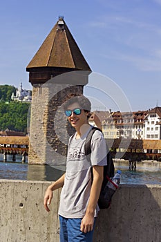 Portrait of happy boy in Luzern city in Switzerland