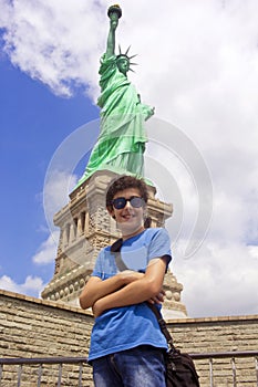 Portrait of happy boy in Newyork photo