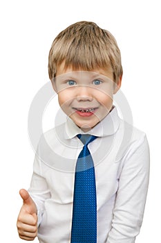 Portrait of happy boy showing thumbs up gesture, isolated over w
