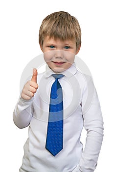 Portrait of happy boy showing thumbs up gesture, isolated over w