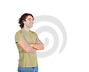 Portrait of happy brunette young man, long curly hair style, keeps arms folded looking cheerful aside, isolated on white