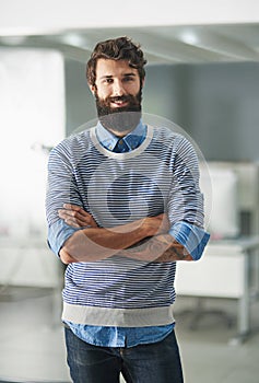 Portrait, happy and business man with arms crossed in creative startup office for career, job or pride in Canada