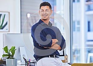 Portrait, happy and business man with arms crossed in office for career and job at workplace in Brazil. Pride