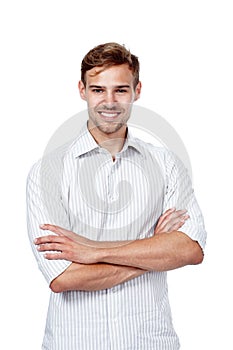 Portrait, happy and business man with arms crossed in studio for career and job in Switzerland isolated on a white