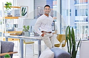 Portrait, happy and business man in office at desk for career and job at company in Mexico. Smile, professional and