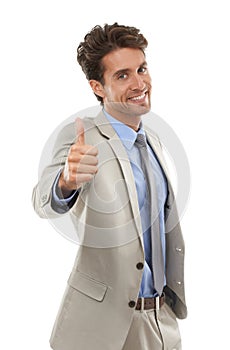 Portrait, happy business man or thumbs up in studio for winning deal, great success or agreement icon on white