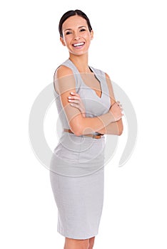 Portrait, happy and business woman with confidence in studio isolated on a white background mockup. Arms crossed