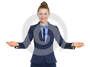 Portrait of happy business woman welcoming