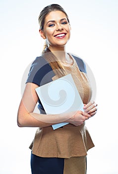 Portrait of happy business woman with white blank paper.