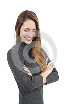 Portrait of a happy candid woman laughing photo