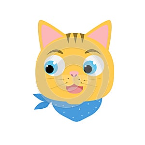 Portrait of happy cat with scarf. Head of little smiling kitten. Vector illustration for child, kids, baby print