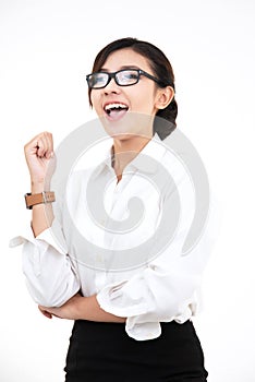 Portrait of happy charming asian young woman with white collar  shirt looks away to the side, thinks and plan with positive