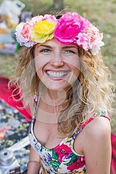 Portrait of happy cheerful beautiful young woman, outdoors