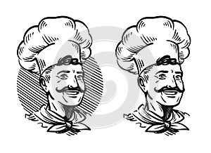 Portrait of happy chef. Element for design menu restaurant or cafe. Sketch vector illustration