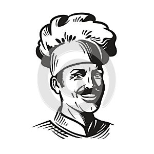 Portrait happy chef in hat and mustache. Smiling cook man. Vector illustration